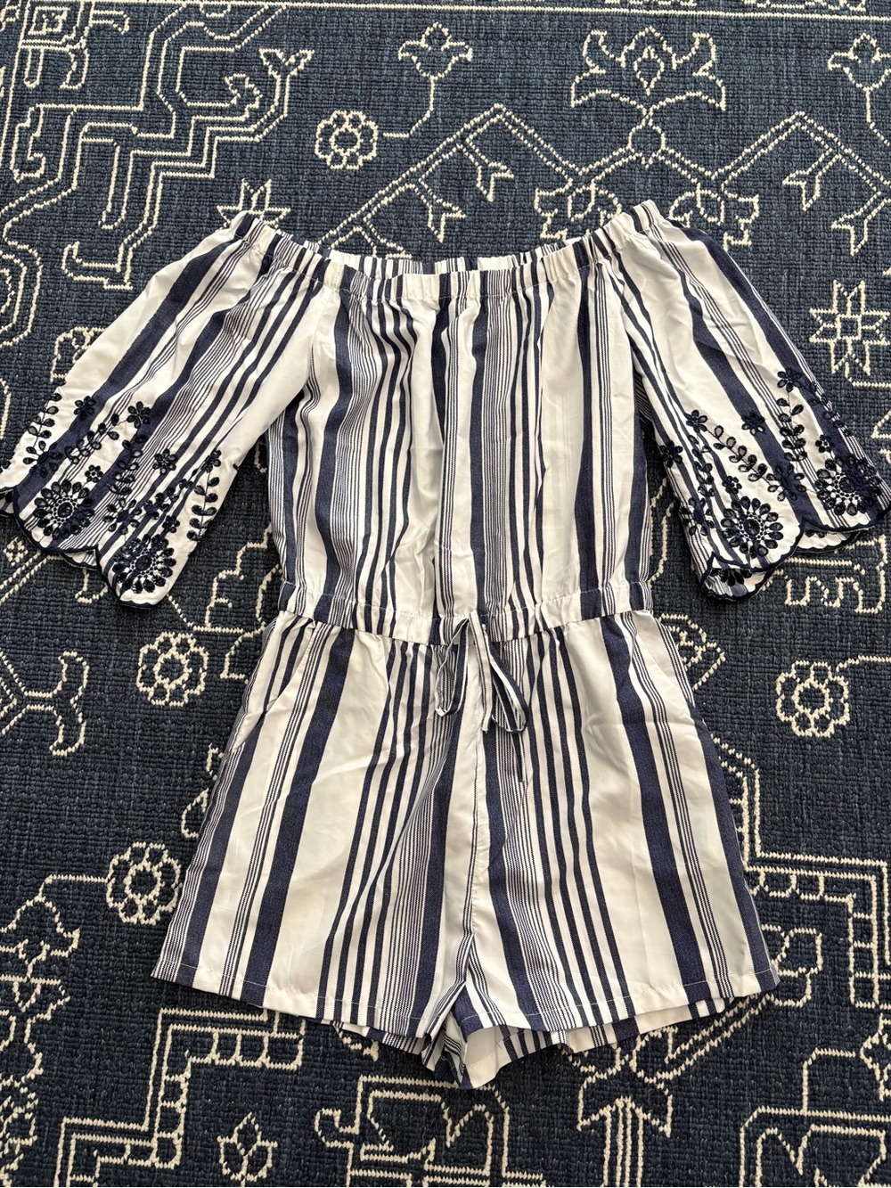 Striped Off-Shoulder Romper in Navy and White